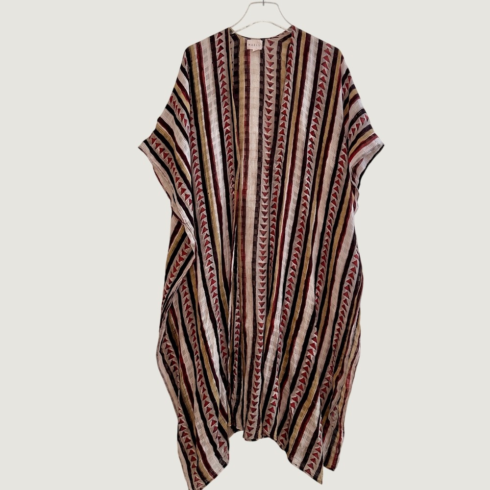 Maelu Block Print Cotton Kaftan Kimono Robe Geometric Stripe Open Front O/S